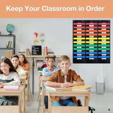 Opret 30 Pockets Storage Pocket Chart with 30 Nametag Pockets, Hanging Wall File Organizer for File Folders with 5 Hangers for Classroom, Office, School Mailbox Organizer and Home (Black)