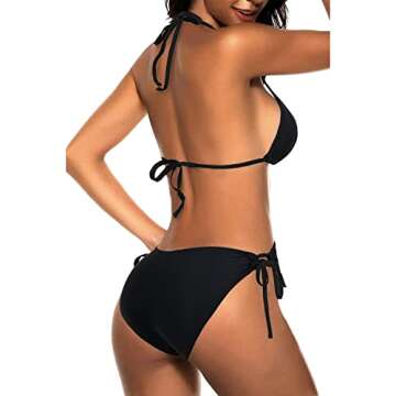 Tempt Me Women Black Triangle Bikini Sets Halter Two Piece Sexy Swimsuit String Tie Side Bathing Suit M