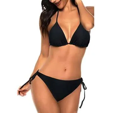 Tempt Me Women Black Triangle Bikini Sets Halter Two Piece Sexy Swimsuit String Tie Side Bathing Suit M