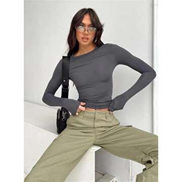 Hafailia Fitted Basic Long Sleeve Shirt Women - Skim Dupes Casual Y2K Long Sleeve Tops Crewneck Slim Fit Tshirt Tees Gray S