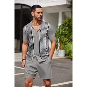 COOFANDY Men's Short Sleeve Knitted Set 2 Piece Vintage Polo Outfits Button Down Casual Suit
