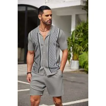 COOFANDY Men's Short Sleeve Knitted Set 2 Piece Vintage Polo Outfits Button Down Casual Suit