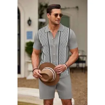 COOFANDY Men's Short Sleeve Knitted Set 2 Piece Vintage Polo Outfits Button Down Casual Suit