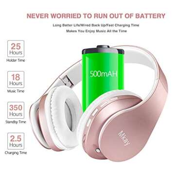 MKay Bluetooth Headphones Wireless, Girls Over Ear Headset V5.0 with Microphone, Foldable & Lightweight, Support Tf Card MP3 Mode and Fm Radio for Cellphones Laptop TV-Rose Gold