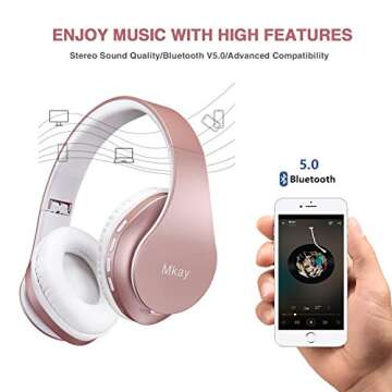 MKay Bluetooth Headphones Wireless, Girls Over Ear Headset V5.0 with Microphone, Foldable & Lightweight, Support Tf Card MP3 Mode and Fm Radio for Cellphones Laptop TV-Rose Gold