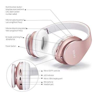 MKay Bluetooth Headphones Wireless, Girls Over Ear Headset V5.0 with Microphone, Foldable & Lightweight, Support Tf Card MP3 Mode and Fm Radio for Cellphones Laptop TV-Rose Gold