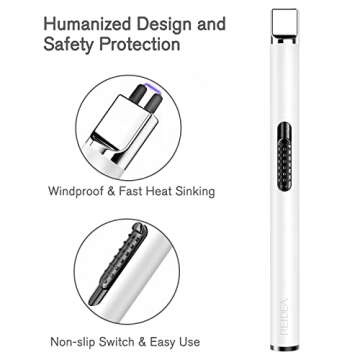 REIDEA USB Candle Lighter, Windproof Flameless Electronic Lighter with Safety Protector Button, Rechargeable Lighter for Home Candle Outdoor Activities (White)