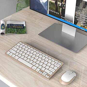 Compact Wireless Keyboard Mouse, 2.4GHz Ultra Thin Small Wireless Keyboard Mouse Combo for Desktop, Laptop (Gold)