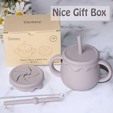 Ginbear 2-in-1 Silicone Baby Cups with Straw & Snack Cup Lid, 8.5 OZ Spill Proof Sippy Cups, Toddler Training Cup for ages 12 M+ (Argil)