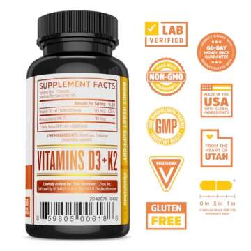 Zhou Nutrition Vitamin D3 K2, Bone and Heart Health Formula 5000 IU Vitamin D3 & 90 mcg Vitamin K2, ...