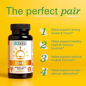 Zhou Nutrition Vitamin D3 K2, Bone and Heart Health Formula 5000 IU Vitamin D3 & 90 mcg Vitamin K2, Max Strength 2 in 1 Immune Support and Calcium Absorption, Gluten Free, 60 Count