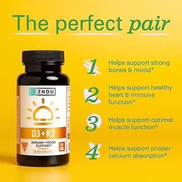 Zhou Nutrition Vitamin D3 K2, Bone and Heart Health Formula 5000 IU Vitamin D3 & 90 mcg Vitamin K2, Max Strength 2 in 1 Immune Support and Calcium Absorption, Gluten Free, 60 Count