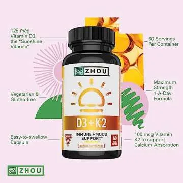 Zhou Nutrition Vitamin D3 K2, Bone and Heart Health Formula 5000 IU Vitamin D3 & 90 mcg Vitamin K2, Max Strength 2 in 1 Immune Support and Calcium Absorption, Gluten Free, 60 Count