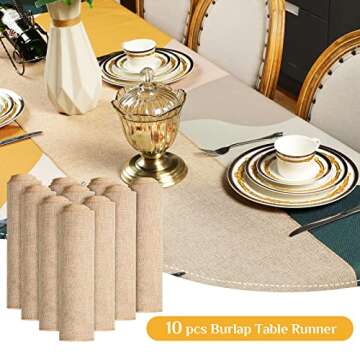 Breling 10 Pack Burlap Table Runners,12 x 71 Inch Rustic Table Runner Boho Place Mats Bulk for Western Wedding Decorations Farmhouse Party Kitchen Coffee Decor(Khaki)