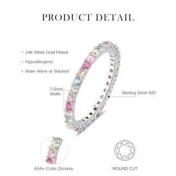 ARTLOVER Size 7 Women's Multi-Color High-Carbon Diamond Eternity Ring | 14K White Gold-Plated S925 S...