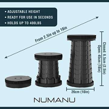 NUMANU Collapsible Stool & 3-in-1 Carry Bag - Upgraded Portable Folding Stool, Height Adjustable, Lightweight, Sturdy Retractable Telescoping Camping Stool Seat Chair or Travel Footrest - Max 400lbs