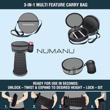 NUMANU Collapsible Stool & 3-in-1 Carry Bag - Upgraded Portable Folding Stool, Height Adjustable, Lightweight, Sturdy Retractable Telescoping Camping Stool Seat Chair or Travel Footrest - Max 400lbs