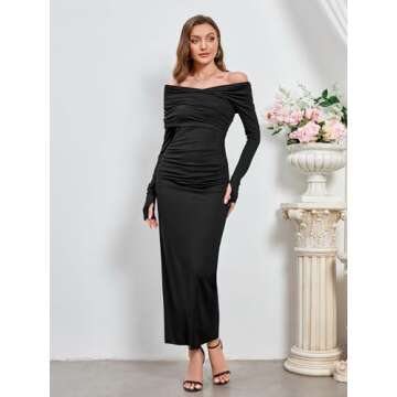 Elegant Off Shoulder Long Sleeve Ruched Bodycon Maxi Dress Wedding Guest Evening Formal Fall Long Dresses for Women 2024 Black XL
