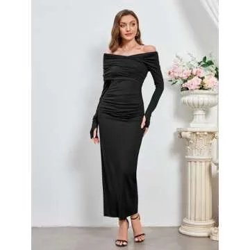 Elegant Off Shoulder Long Sleeve Ruched Bodycon Maxi Dress Wedding Guest Evening Formal Fall Long Dresses for Women 2024 Black XL