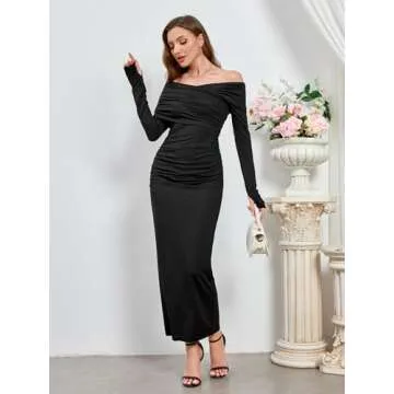 Elegant Off Shoulder Long Sleeve Ruched Bodycon Maxi Dress Wedding Guest Evening Formal Fall Long Dresses for Women 2024 Black XL