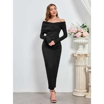 Elegant Off Shoulder Long Sleeve Ruched Bodycon Maxi Dress Wedding Guest Evening Formal Fall Long Dresses for Women 2024 Black XL