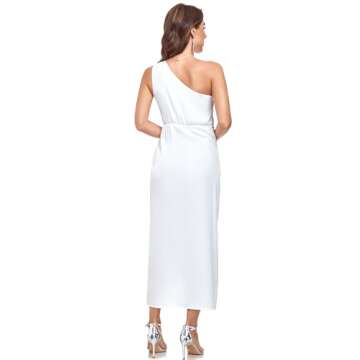 Women's One Shoulder Satin Silk Backless Split Wrap Hem Twist Ruched Summer Party Cocktail Midi Dress White