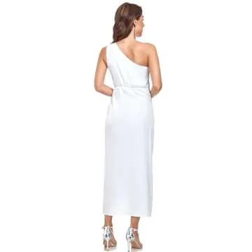 Women's One Shoulder Satin Silk Backless Split Wrap Hem Twist Ruched Summer Party Cocktail Midi Dress White