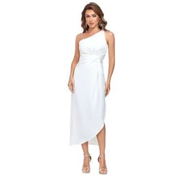 Women's One Shoulder Satin Silk Backless Split Wrap Hem Twist Ruched Summer Party Cocktail Midi Dress White