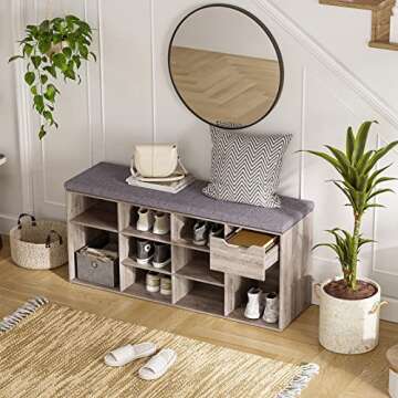 DINZI LVJ Shoe Bench, Entryway Storage Bench with Drawer and 11 Cubbies, Cubby Shoe Rack with Adjust...