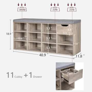 DINZI LVJ Shoe Bench, Entryway Storage Bench with Drawer and 11 Cubbies, Cubby Shoe Rack with Adjustable Shelves, Shoe Organizer Cabinet for Living Room, Bedroom, Mudroom, Closet and Garage, Greige