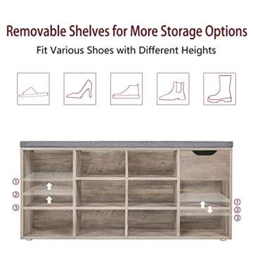 DINZI LVJ Shoe Bench, Entryway Storage Bench with Drawer and 11 Cubbies, Cubby Shoe Rack with Adjustable Shelves, Shoe Organizer Cabinet for Living Room, Bedroom, Mudroom, Closet and Garage, Greige