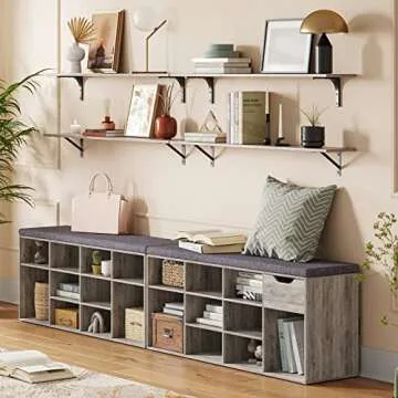 DINZI LVJ Shoe Bench, Entryway Storage Bench with Drawer and 11 Cubbies, Cubby Shoe Rack with Adjustable Shelves, Shoe Organizer Cabinet for Living Room, Bedroom, Mudroom, Closet and Garage, Greige