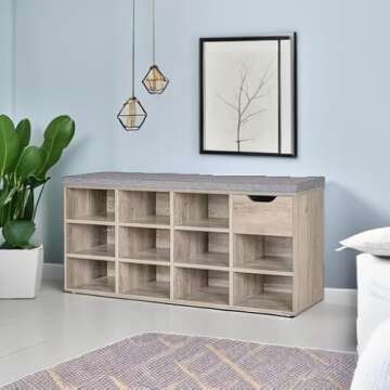 DINZI LVJ Shoe Bench, Entryway Storage Bench with Drawer and 11 Cubbies, Cubby Shoe Rack with Adjustable Shelves, Shoe Organizer Cabinet for Living Room, Bedroom, Mudroom, Closet and Garage, Greige
