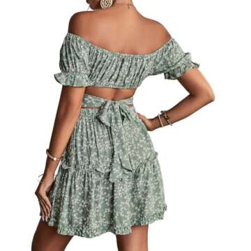 LYANER Women's 2 Piece Outfits Floral Off Shoulder Tie Up Crop Top and Mini Skirt Set Green Large