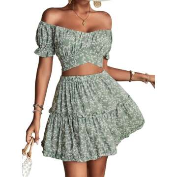 LYANER Women's 2 Piece Outfits Floral Off Shoulder Tie Up Crop Top and Mini Skirt Set Green Large