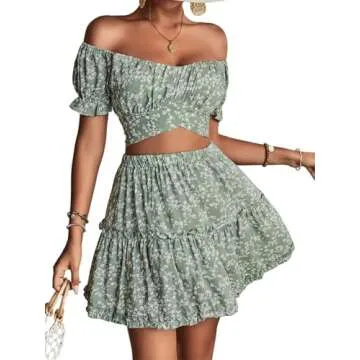LYANER Women's 2 Piece Outfits Floral Off Shoulder Tie Up Crop Top and Mini Skirt Set Green Large