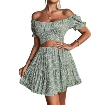 LYANER Women's 2 Piece Outfits Floral Off Shoulder Tie Up Crop Top and Mini Skirt Set Green Large