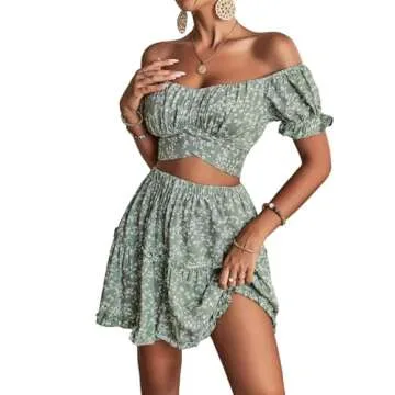 LYANER Women's 2 Piece Outfits Floral Off Shoulder Tie Up Crop Top and Mini Skirt Set Green Large
