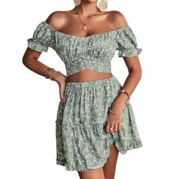 LYANER Women's 2 Piece Outfits Floral Off Shoulder Tie Up Crop Top and Mini Skirt Set Green Large