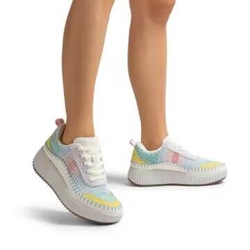 DREAM PAIRS Women's Chunky Platform Sneakers in White Rainbow