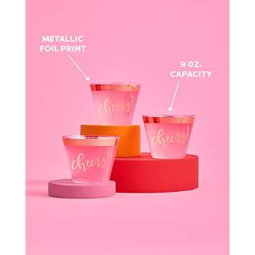 xo, Fetti Rose Gold Cheers Cups - 50 count, 9 oz | Wedding, Bachelorette Party, New Years Eve, NYE 2021, Christmas, Birthday, Baby Shower Disposable Drinkware, Clear Plastic Cocktail Tumbler with Foil