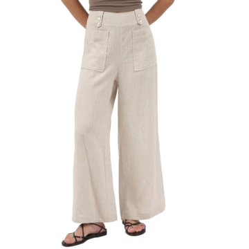 Amazhiyu Womens Pure Linen High Waist Wide Leg Pants with Pockets for Casual Summer Flax, Small