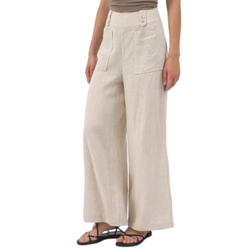 Amazhiyu Womens Pure Linen High Waist Wide Leg Pants with Pockets for Casual Summer Flax, Small