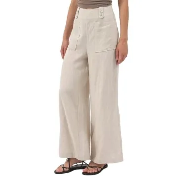 Amazhiyu Womens Pure Linen High Waist Wide Leg Pants with Pockets for Casual Summer Flax, Small