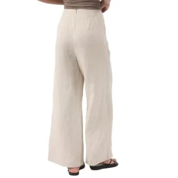 Amazhiyu Womens Pure Linen High Waist Wide Leg Pants with Pockets for Casual Summer Flax, Small