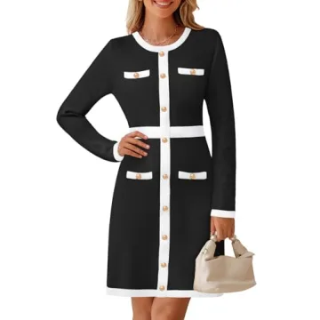 MEROKEETY Women's 2024 Sweater Dress - Elegant Color Block Long Sleeve Midi Dress