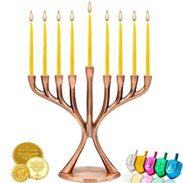 The Dreidel Company Dripless Hanukkah Candles Multicolored, Hand-Made Striped Deluxe Tapered Decorations, Chanukkah Menorah Candles for All 8 Nights (Natural Beeswax)