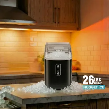 KMFurnila Nugget Ice Maker Countertop, Portable Ice Makers Machine with Removable Basket and Scoop, Self-Cleaning, Quiet, 6-Min Ready, 24lbs in 24Hrs, Visible, for Home, Party, RV, Camping, Black