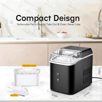 KMFurnila Nugget Ice Maker Countertop, Portable Ice Makers Machine with Removable Basket and Scoop, Self-Cleaning, Quiet, 6-Min Ready, 24lbs in 24Hrs, Visible, for Home, Party, RV, Camping, Black