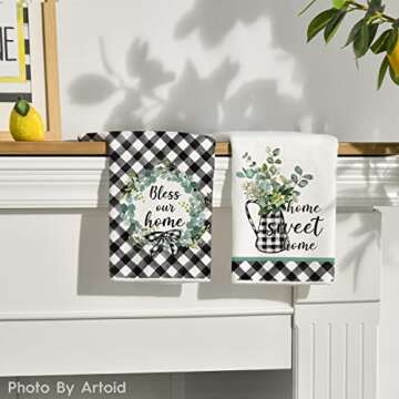 Artoid Mode Buffalo Plaid Wreath Vase Eucalyptus Home Sweet Home Kitchen Towels Dish Towels, 18x26 Inch Seasonal Spring Summer Decoration Hand Towels Set of 2